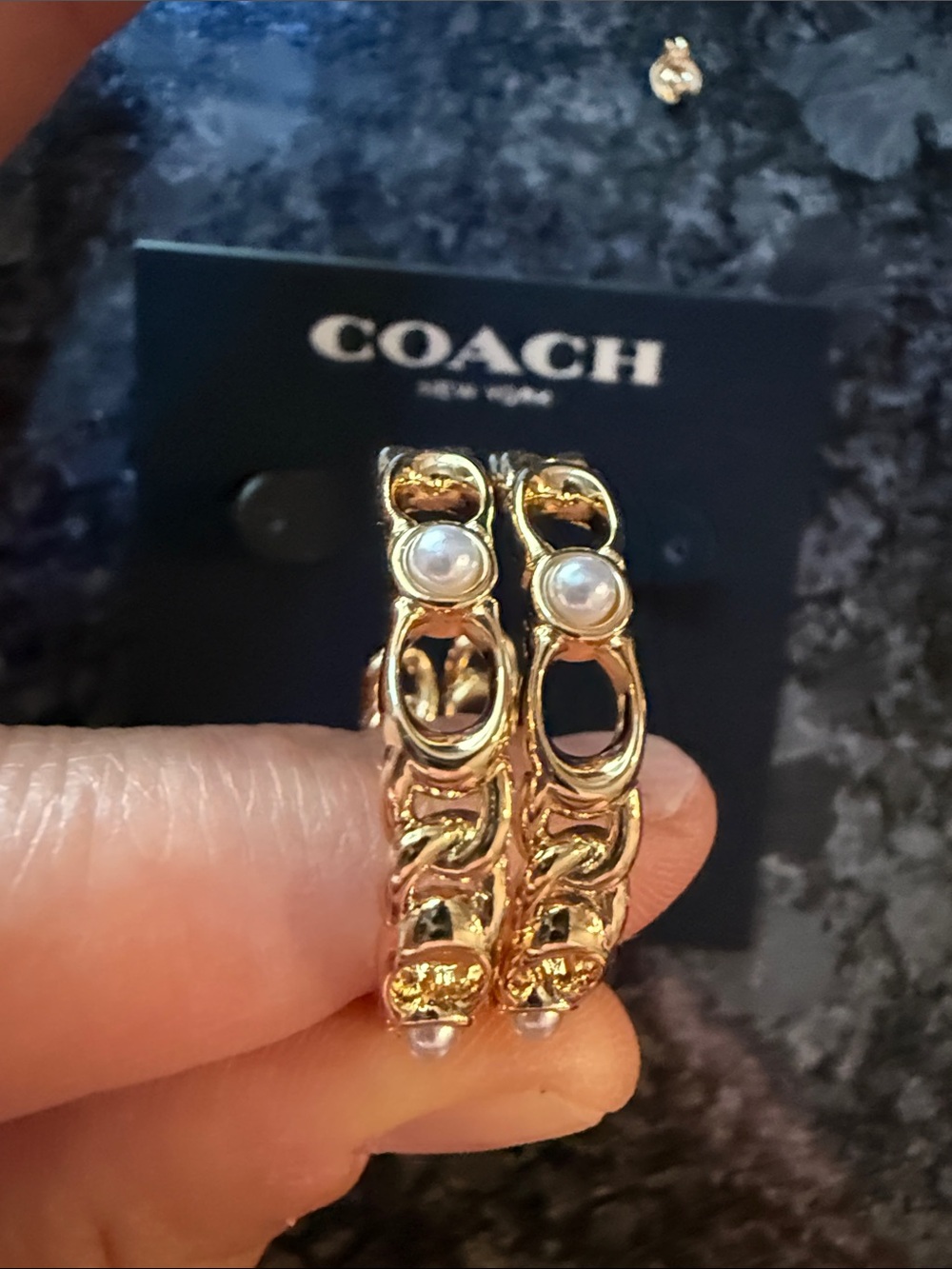 Coach Style Gold Braided Hoop with Pearl Style accent and “C” s Earrings - Picture 9 of 11